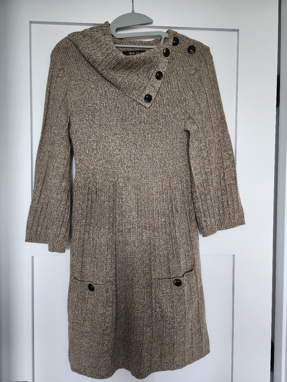 Style & Co. Taupe Button-Shoulder Knit Sweater Dress